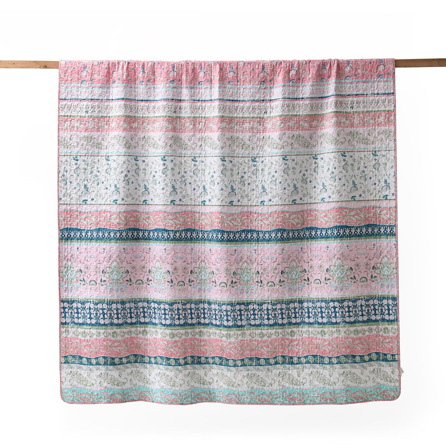 HORIMOTE HOME Boho Style Queen Quilt Set Pink Bohemian Floral Strip Quilt Beddding Set, Soft and Lightweight Bedspread for All Season, Full Size Bed Coverlet with 2 Matching Pillow Shams (3 Pieces)