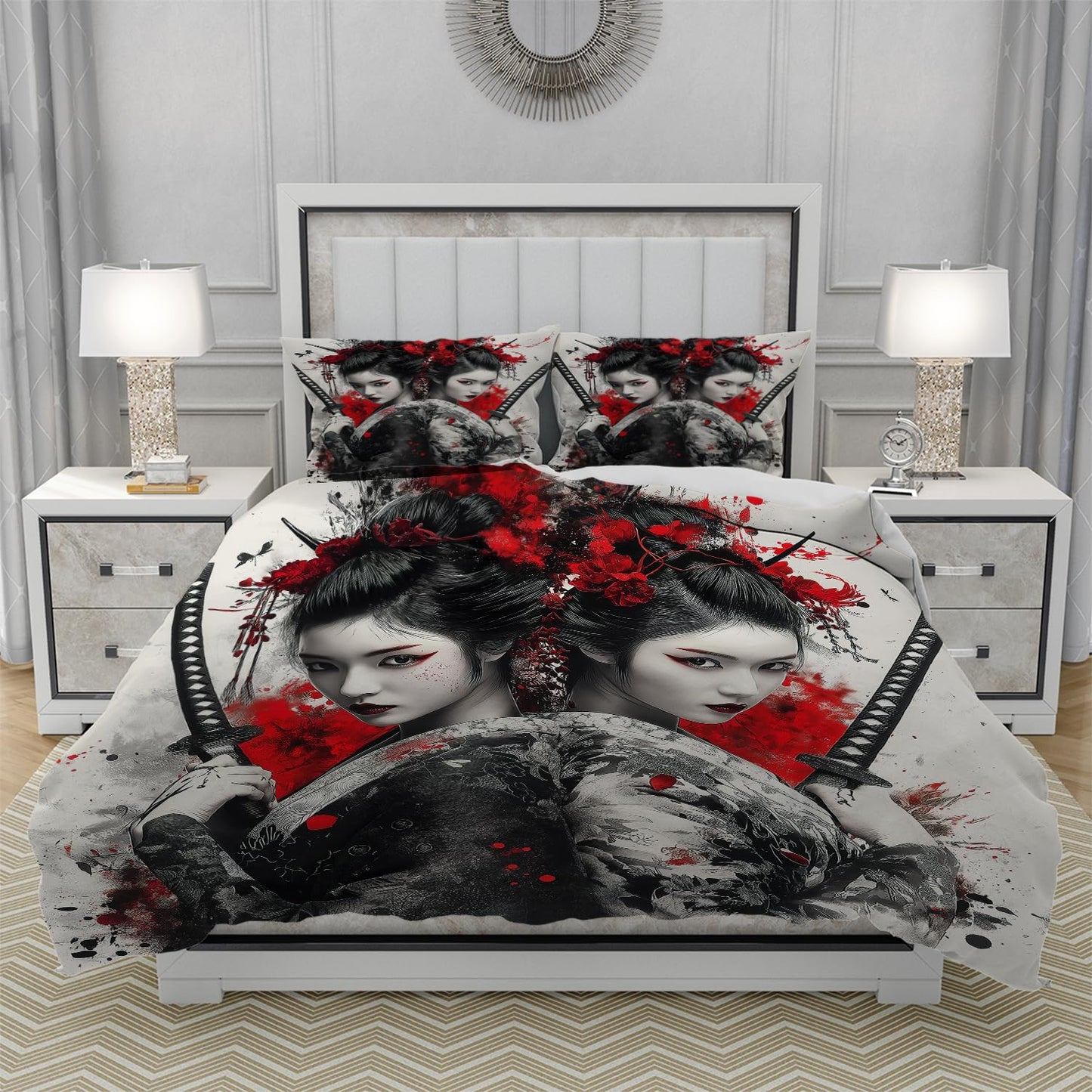 RICQLESC Sword Female Samurai Duvet Cover and 2 Pillow, Japanese Kimono Geisha Asian Sexy Women Anime Comforter Set, Kids Boys Girls Bedding 3 Pieces, King Size 104x90 inch