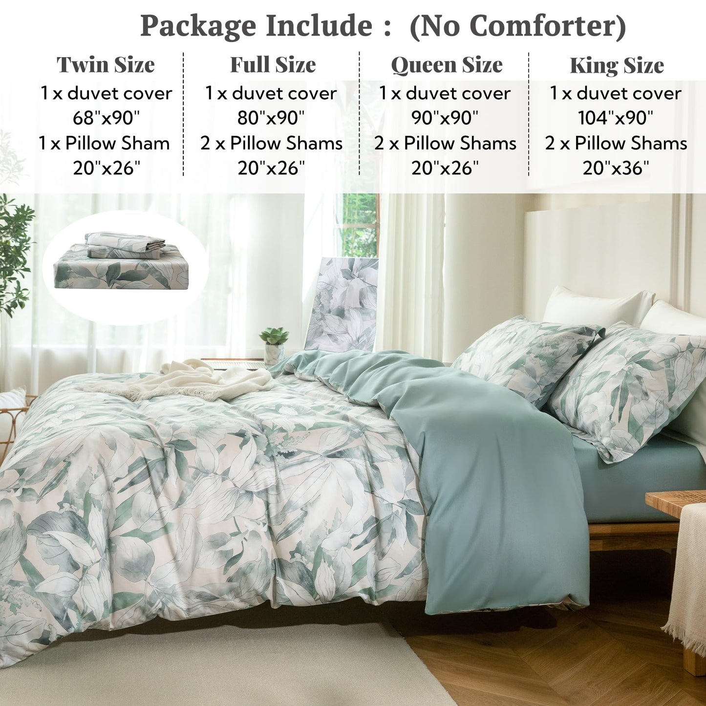 MILDLY Queen Duvet Cover Set - 100% Long-Staple Cotton Sage Green Leaves Patten Reversible Comforter Cover - 3Pcs Soft Breathable Luxury Bedding for All Season