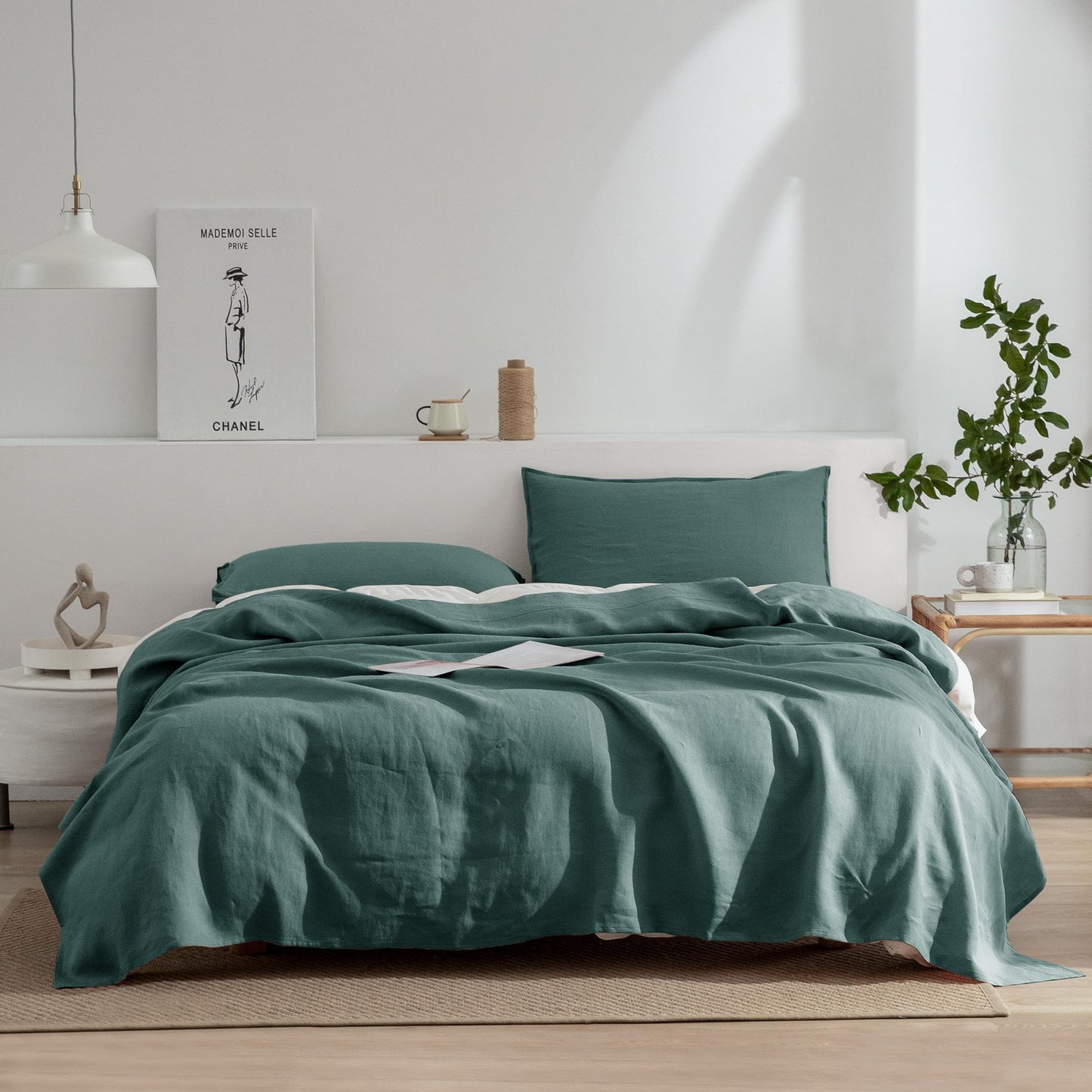 EVERLY Linen Sheets Set Twin Size,100% French Stonewash Pure Linen Sheets Set,3Pieces (1Flat Sheet,1Fitted Sheet,1Pillowcase) Suitable for Hot Sleepers,Deep Pocket Bedding Set-Aqua