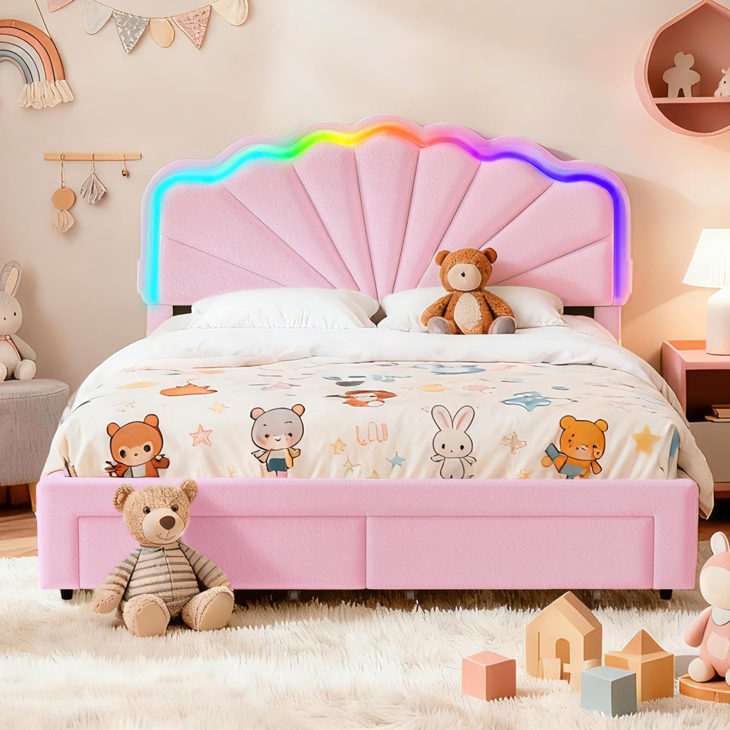 BIOEVER Queen Upholstered Children’s Bed with Storage Drawers,Charging Station & LED Lighting,Teddy Velvet,Quiet Support,Easy Assembly,Pink