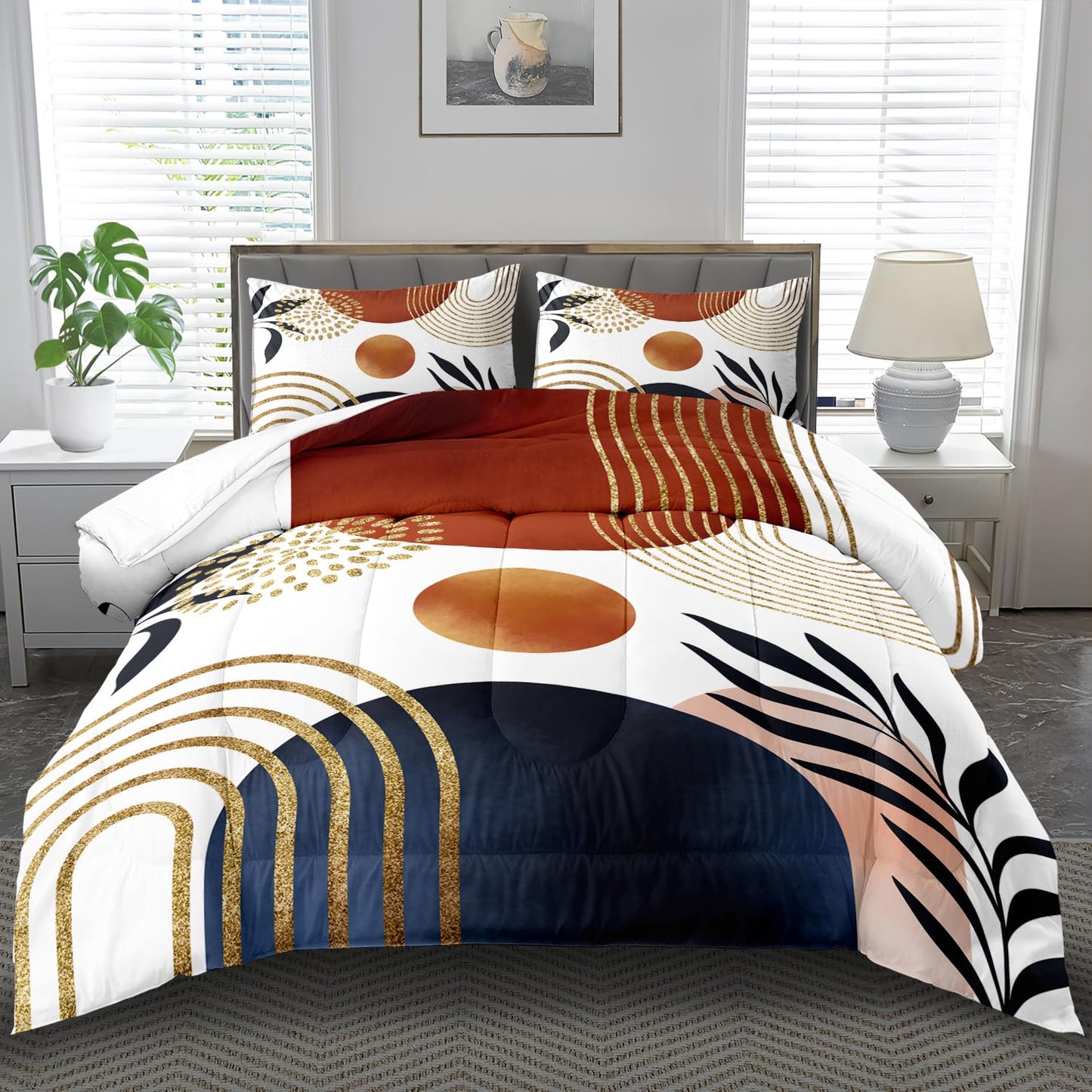 llyxsesty Geometric Yellow Comforter Set King,Mid Century Modern Bedding Set for Kids and Adults,Gold Boho Comforter Bedroom Decor,Shabby Chic Bedding Boho Room Decor