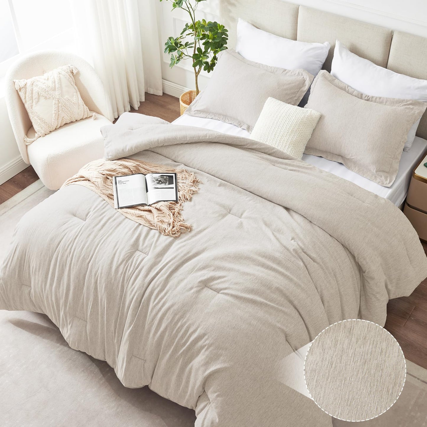 CozyLux Queen Comforter Set 3 Pieces, Heathered Beige Luxury Comforters Queen Size Bedding Set, Breathable Lightweight Down Alternative Comforter with 2 Pillow Shams, All Seasons Bed Set Gift for Home