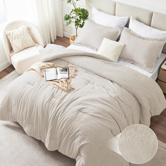 CozyLux Queen Comforter Set 3 Pieces, Heathered Beige Luxury Comforters Queen Size Bedding Set, Breathable Lightweight Down Alternative Comforter with 2 Pillow Shams, All Seasons Bed Set Gift for Home