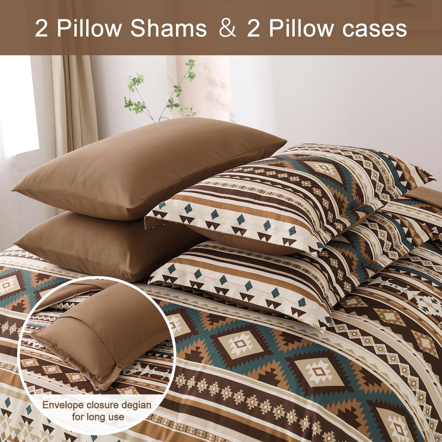 Dinjoy Brown Boho Comforter Set Queen Size,7 Pieces Bed in a Bag Queen Coffee Aztec Bedding Sets with Sheets Bohemian Geometric Striped Complete Set for All Season 90"x90"