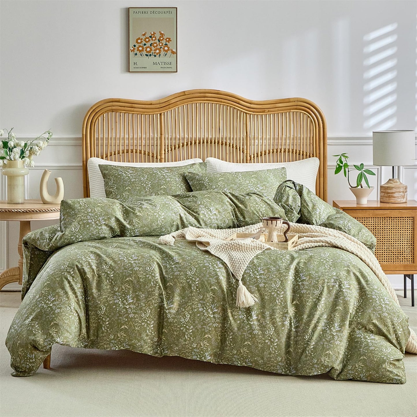 mixinni 3 Pieces Duvet Covers King Size, 100% Cotton Comforter Cover Wildflower Printed on Army Green Floral Bedding Set with Zipper Closure 4 Ties (1 Duvet Cover 104"x90", 2 Pillow Cases 20"x36")