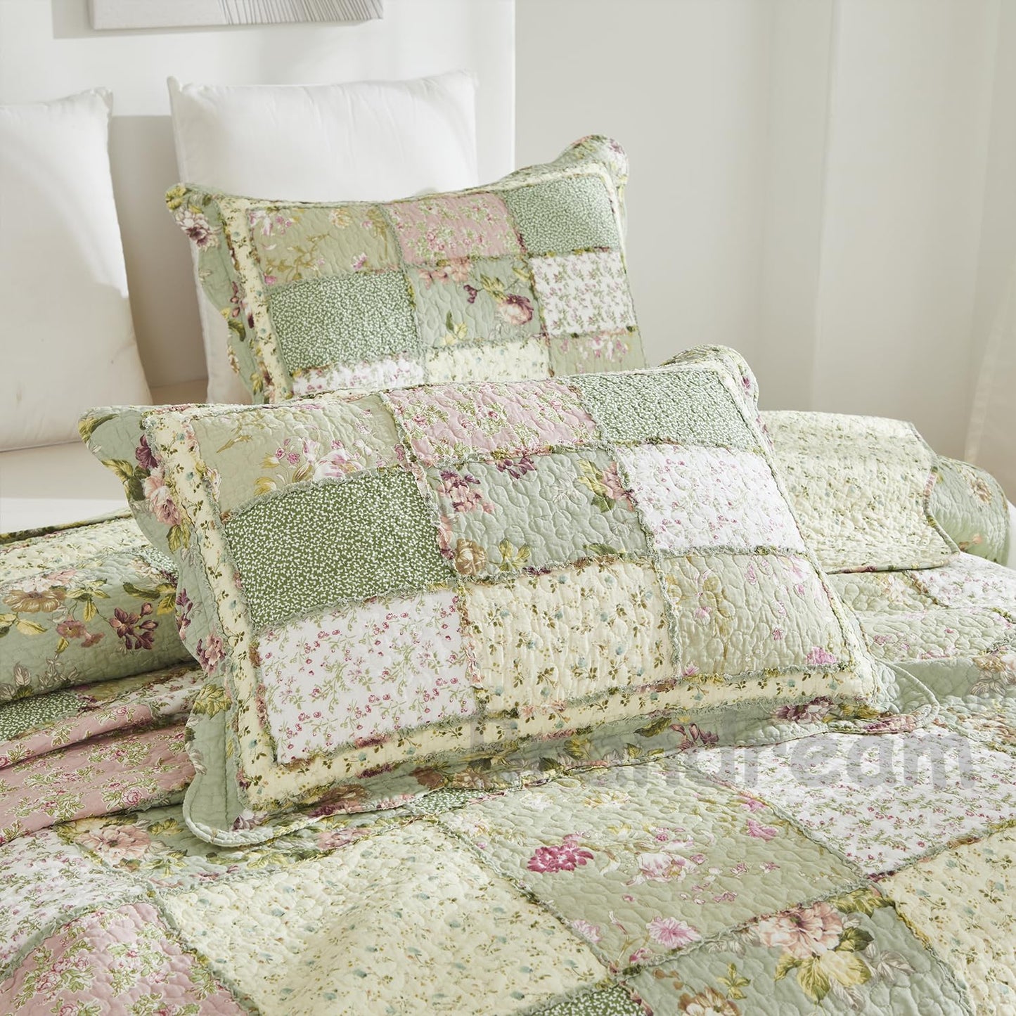 Brandream King Size Quilt Set Cotton Patchwork Quilts Green Rose Floral Quilted Comforter Set Country Rustic Coverlet Set 3-Piece