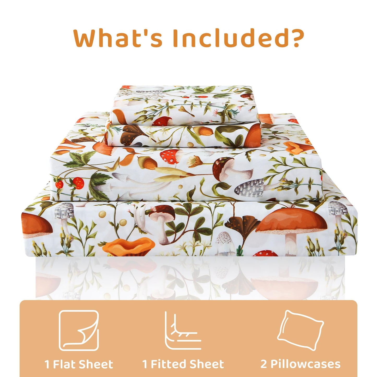 Mooreeke Cozy Vintage Microfiber Printed King Sheet Set - Soft & Breathable Percale Mushroom Forest Bed Sheets with Extra Deep Pocket - Non-Slip Fitted Design - Jungle Mushroom Leaves Pattern - King