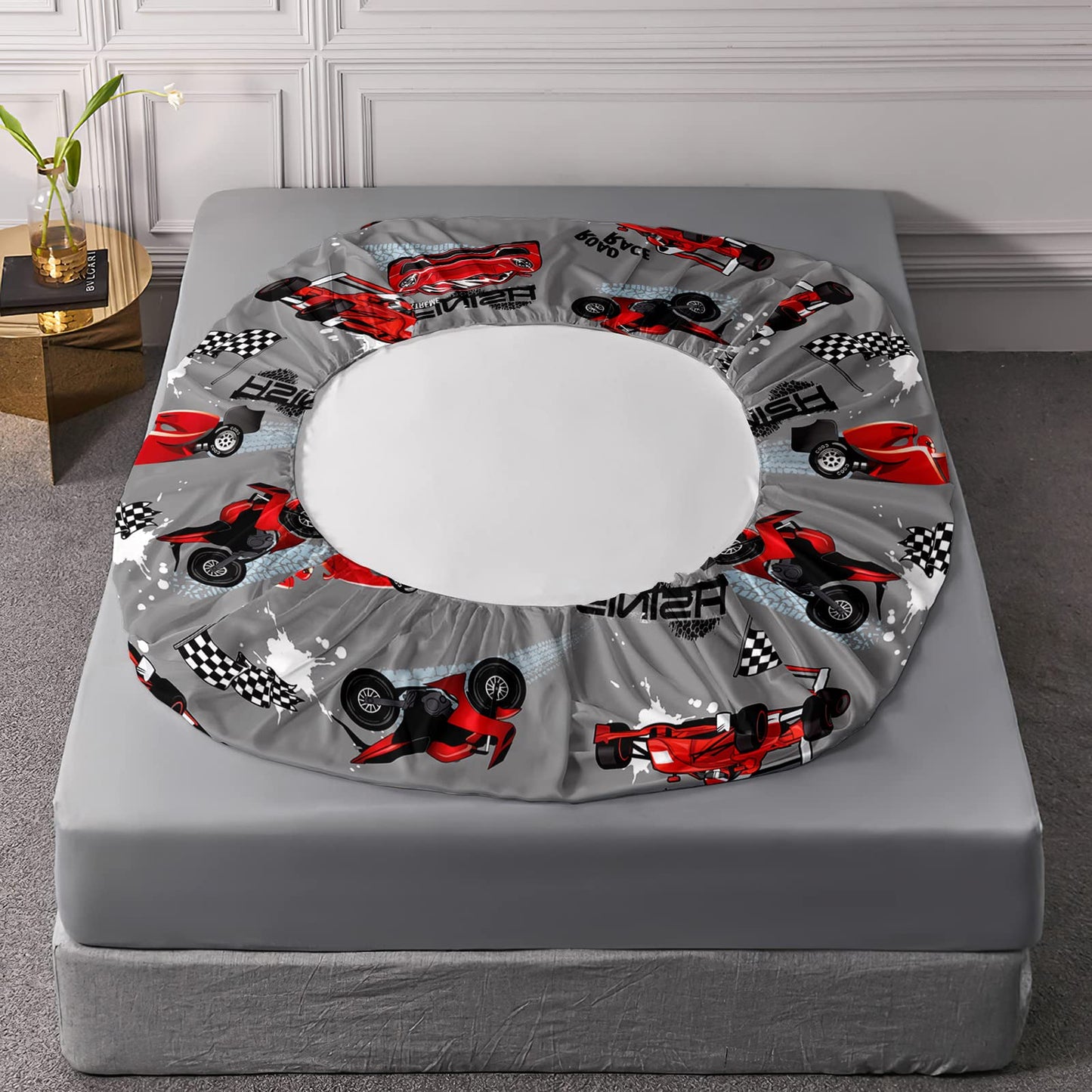 Axolotl Twin Racing Car Bedding Set, 4Pcs Red & Grey Car Bed Sheets with 1 Fitted Sheet 1 Flat Sheet 2 Pillowcases for Boys, Girls, Adults & Kids