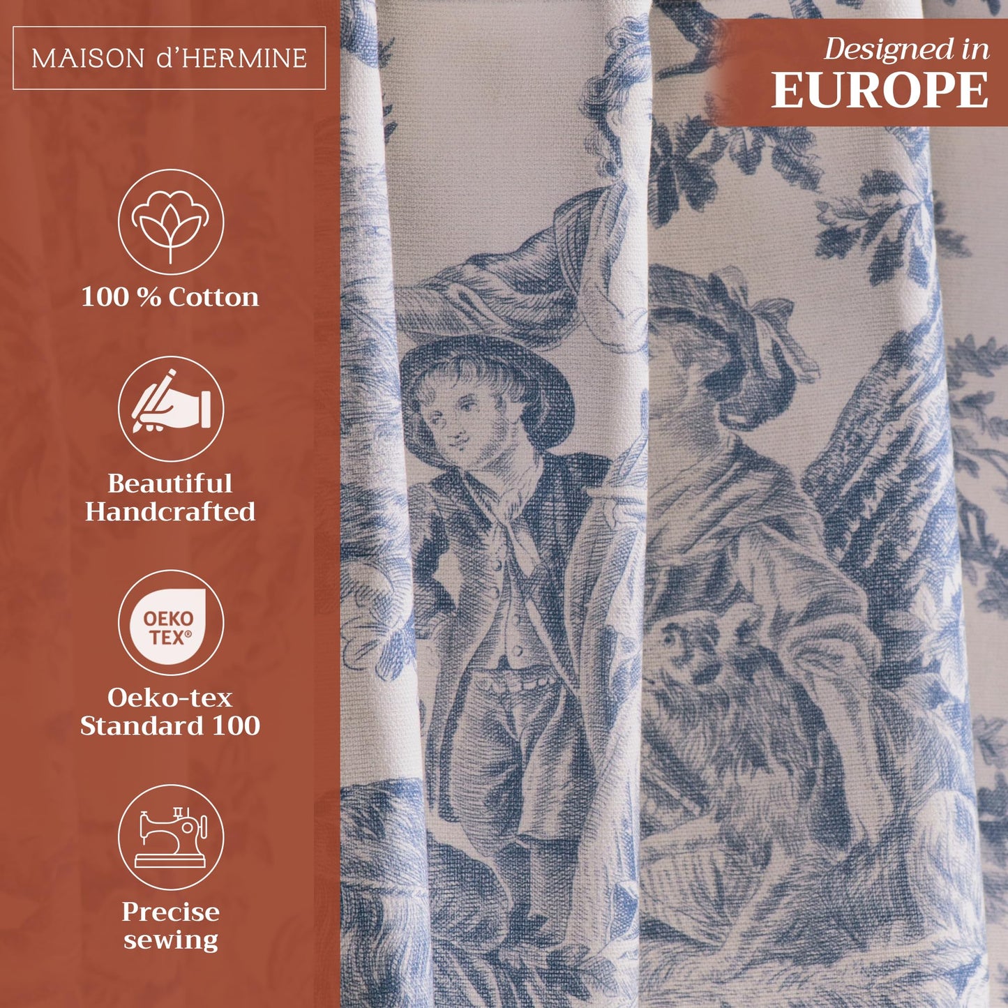 Maison d' Hermine Curtains for Living Room 100% Cotton 96 inch Length One Panel Light Filtering Toile Curtains for Bedroom Windows with Rod and Loop Pockets Drapes (The Miller Denim, 50" W x 96" L)