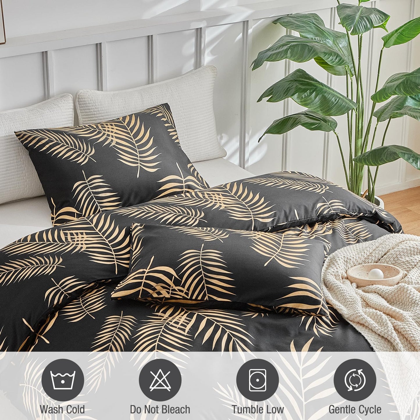 Lekesky King Duvet Cover Set, Black and Gold Tropical Palm Leaf Pattern Comforter Cover King Size, 3 Pieces Soft Microfiber Bedding Sets with Zipper & 2 Pillowcases, Comforter Not Included