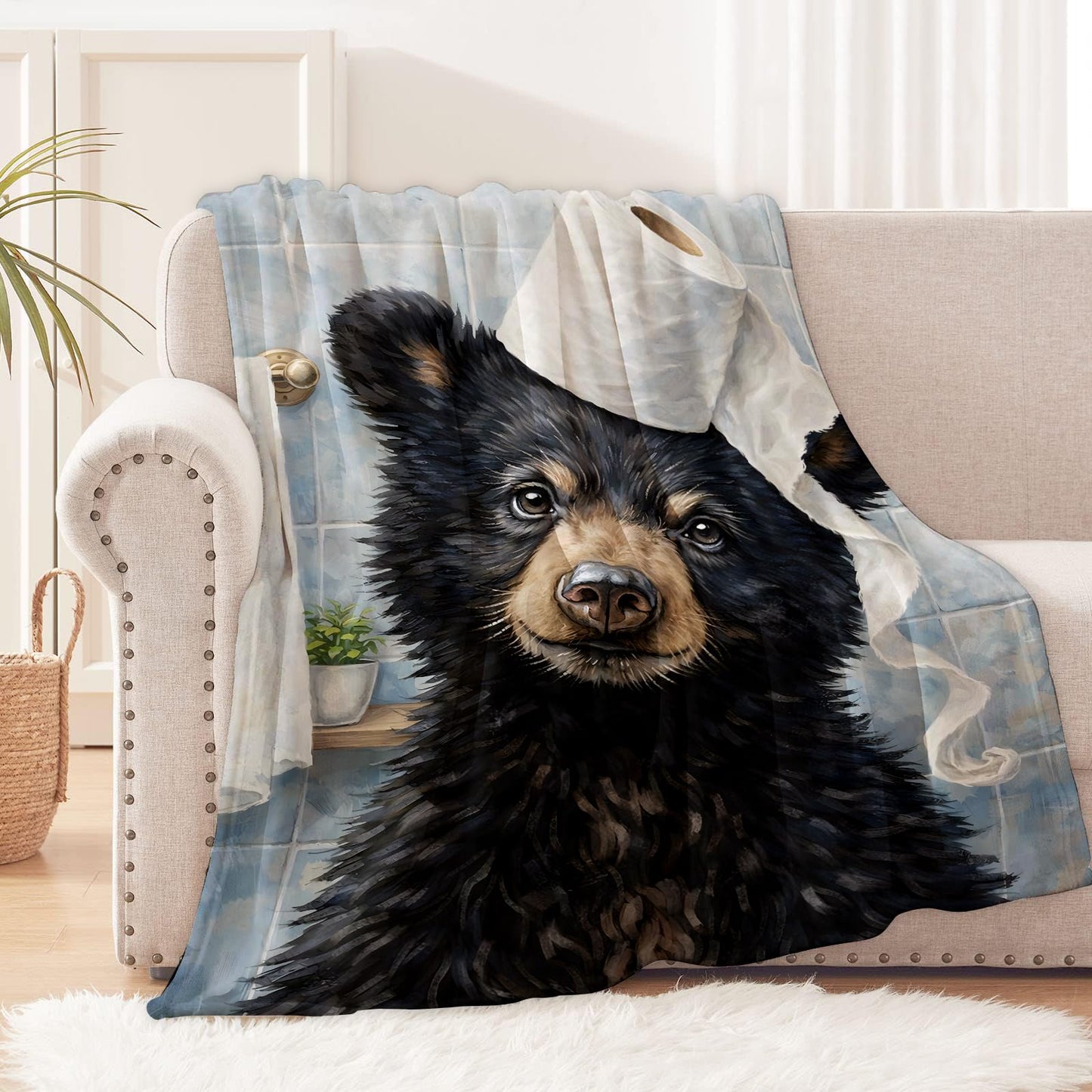 cromcu Funny Bear Flannel Throw Blanket, 50x60in, Soft Warm Cozy Blankets with Adorable Bear and Toilet Paper, Humorous Gifts for Men Women Animal Lovers, Home Decor Dorm Office Travel Camping