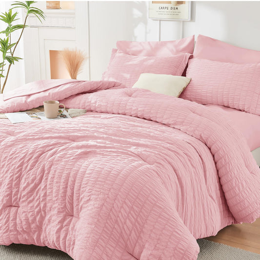 HYMOKEGE Pink Oversized Queen Comforter Set Seersucker 7 Pieces, All Season Luxury Bed in a Bag for Bedroom, Bedding Set with Comforter, Sheets, Pillowcases & Shams