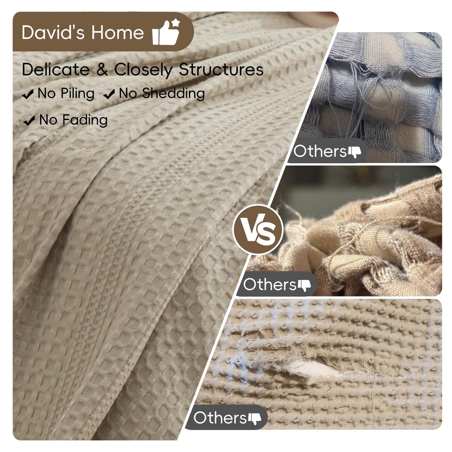 David's Home Cozy Waffle Weave Throw Blanket, Ultra Soft Breathable Lightweight Skin-Friendly Throw for All Seasons, Elegant Room Decor for Couch Bed Sofa Car Travel, Natural