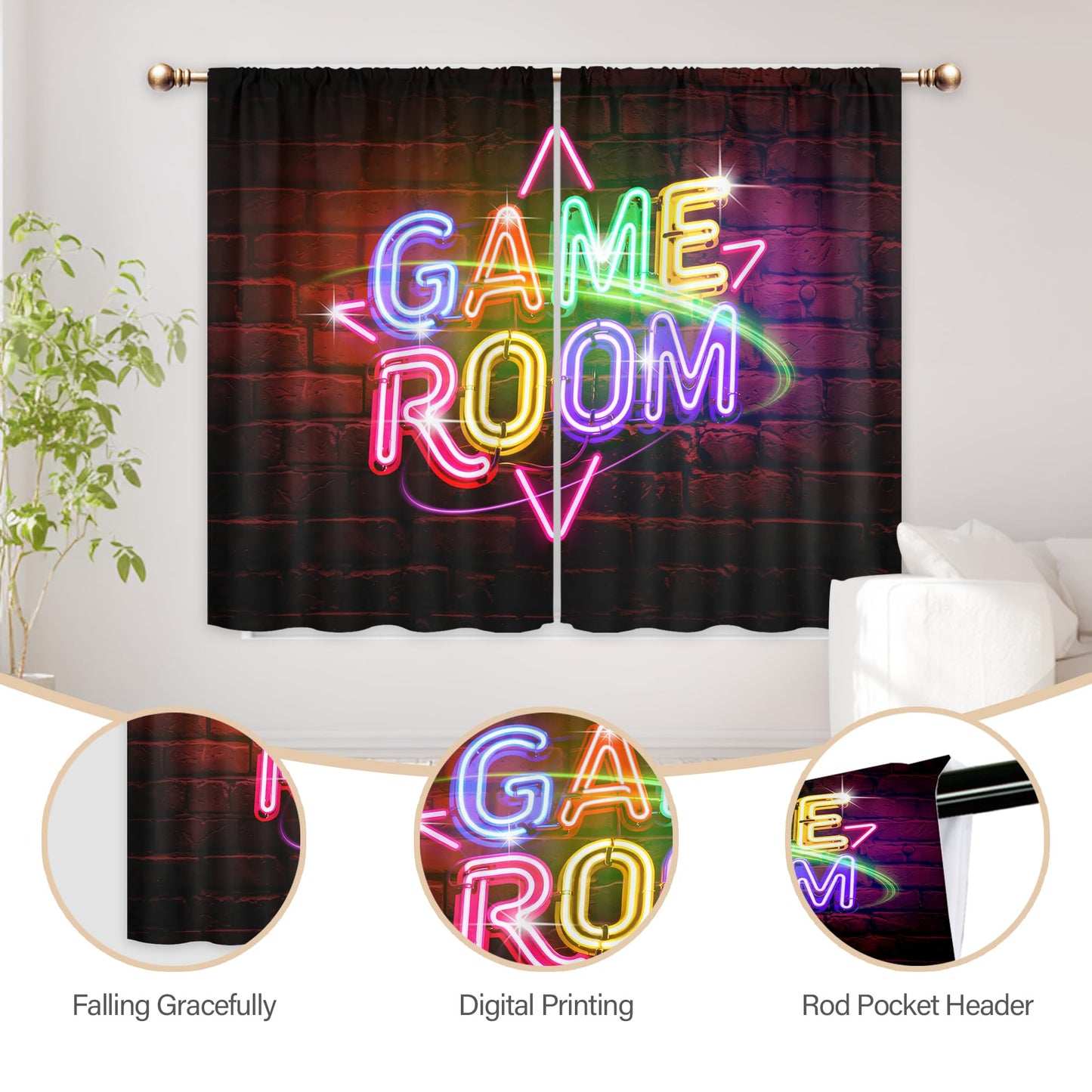 Mitpok Kids Game Room Gaming Curtains for Boys Bedroom 42Wx45H Inch Rod Pocket Neon Gamer Funny Video Game Cool Fun Teens Boy Modern Unique 2 Panels Window Treatment Set for Living Room Decor