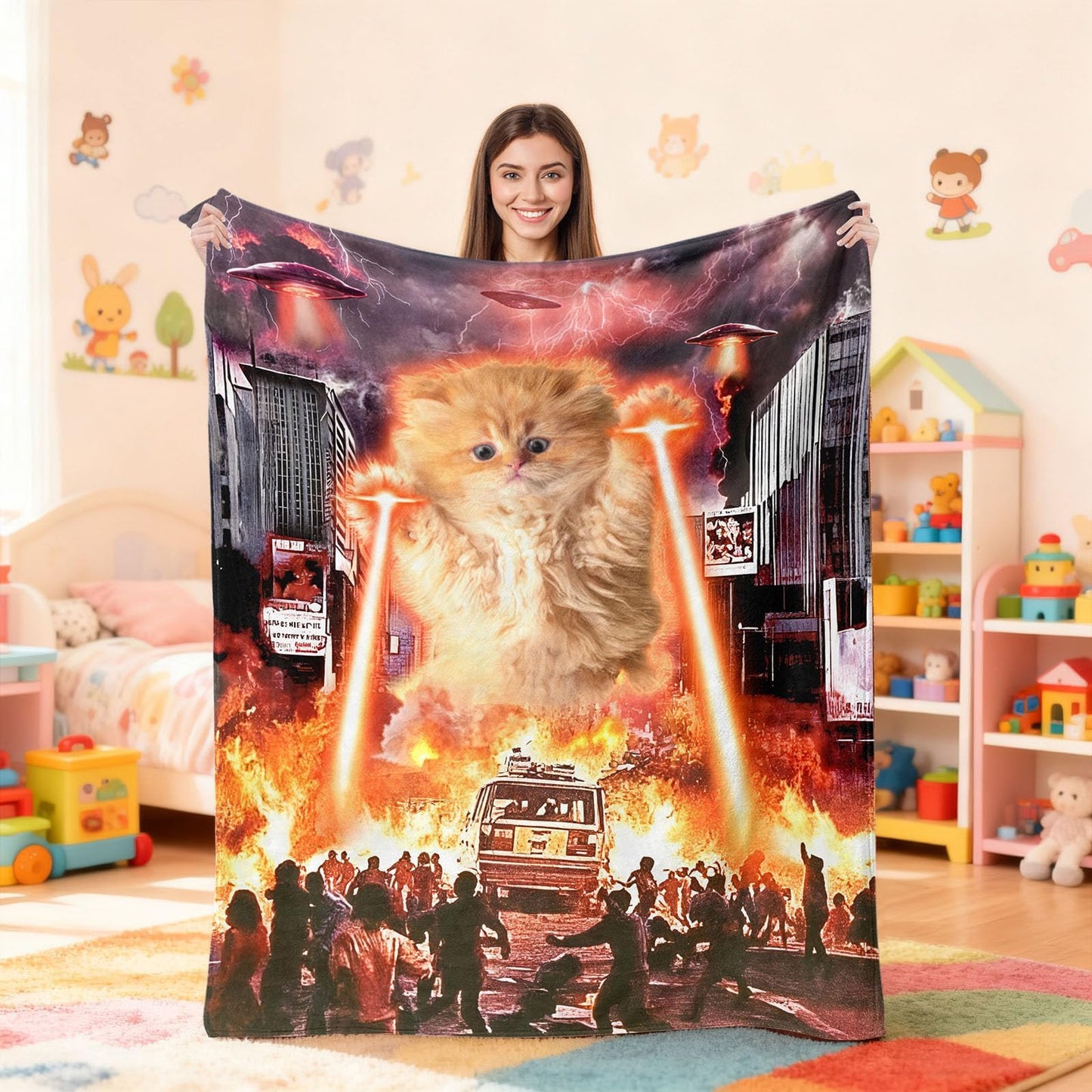 kampdream Funny Cat Flannel Blanket, Catzilla Giant Laser UFO Sci-Fi City Attack Blanket, Super Soft and Warm for Couch Sofa Living Room Unique 50×60 inch