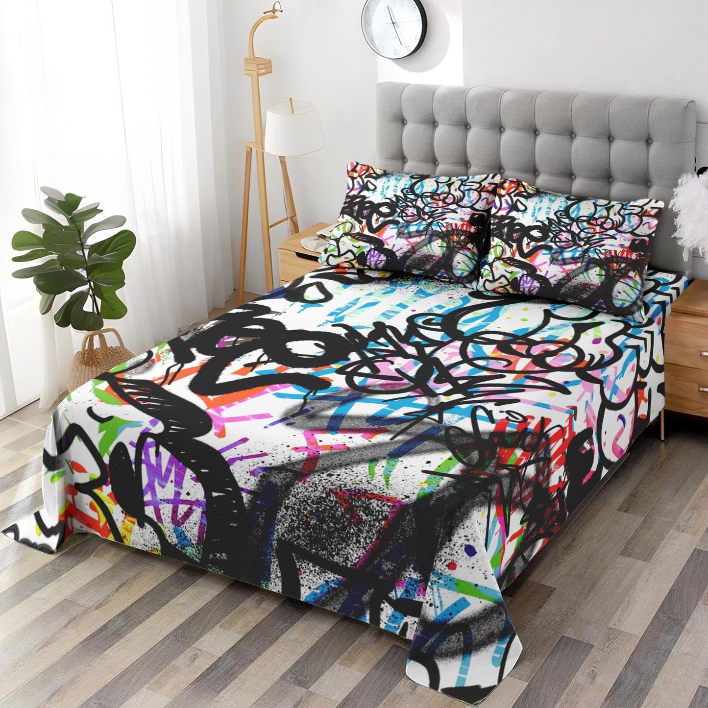Pamnest Full Size Bed Sheet Sets, Urban Skateboard Soft Microfiber 4 Pcs Bedding Sets for Kids and Adults Bedroom Bed Decor, Music Abstract Graffiti Flat, Fitted Sheet and 2 Pillowcases