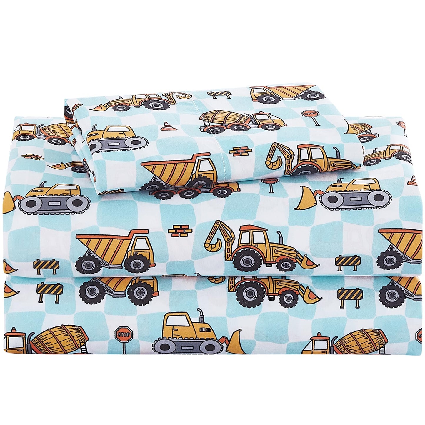 lasoftan Kids Sheet Set Twin Size, Twin Sheet Set with Grid Excavator Pattern，Breathable Silky Soft Microfiber Kids Fitted Sheet