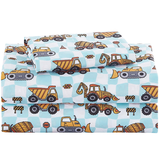 lasoftan Kids Sheet Set Twin Size, Twin Sheet Set with Grid Excavator Pattern，Breathable Silky Soft Microfiber Kids Fitted Sheet
