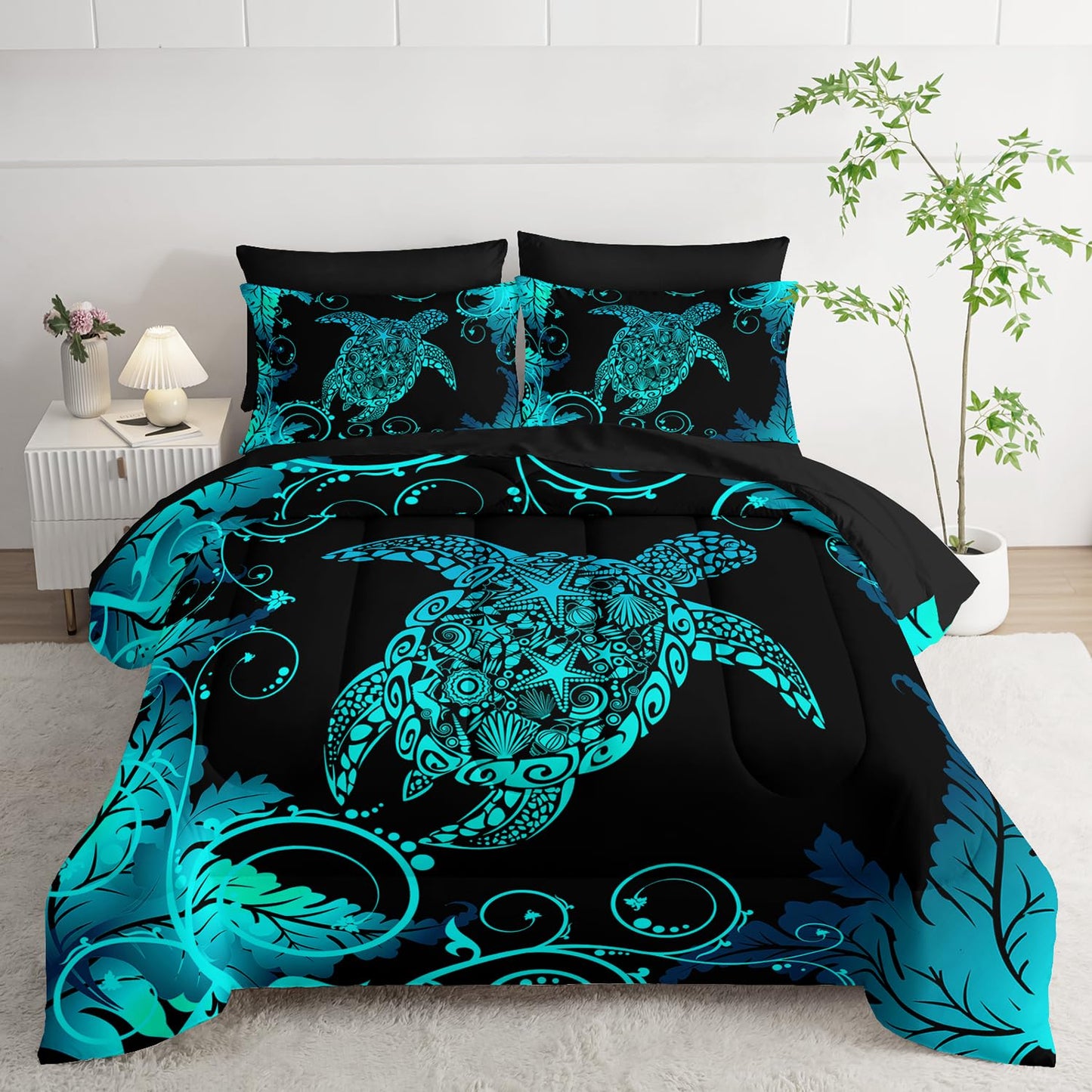 AILONEN Aqua Blue Black Turtle Comforter Set Full,7-Piece Soft Bed in a Bag for Kids Teen,Ocean Shell Sea Turtle Comforter & Fitted Sheet with Flat Sheet & 2 Pillowcases,2 Pillow Shams for Bedroom