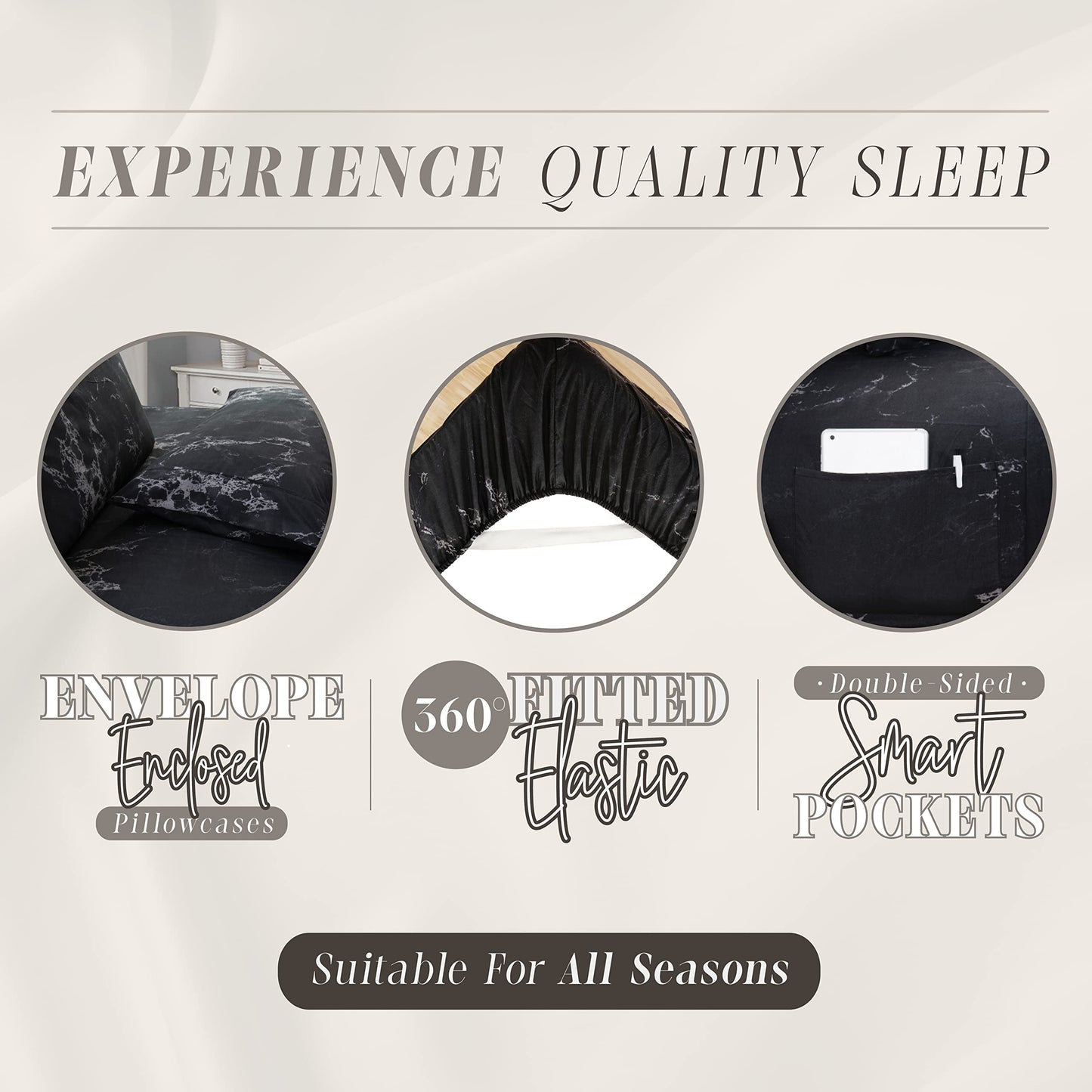 Elegant Comfort Eloise Marble Printed 6-Piece Sheet Set, 1500 Premium Hotel Quality Microfiber, Soft, Wrinkle and Fade Resistant, Fitted Sheets with Smart Pockets, Marble Sheet Set, Queen, Black