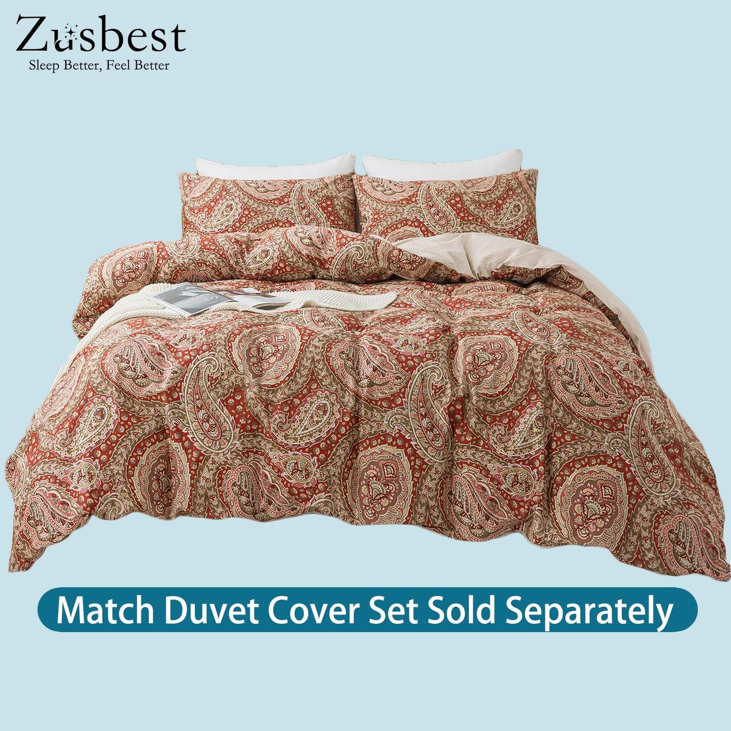 Zusbest Queen Size Bed Sheet Set 100% Cotton Burgundy Red Paisley Patterned Sheets Luxury Soft Breathable Crispy Cooling Percale Boho Bed Set Deep Pocket 17.5 Inches, 4 Pieces