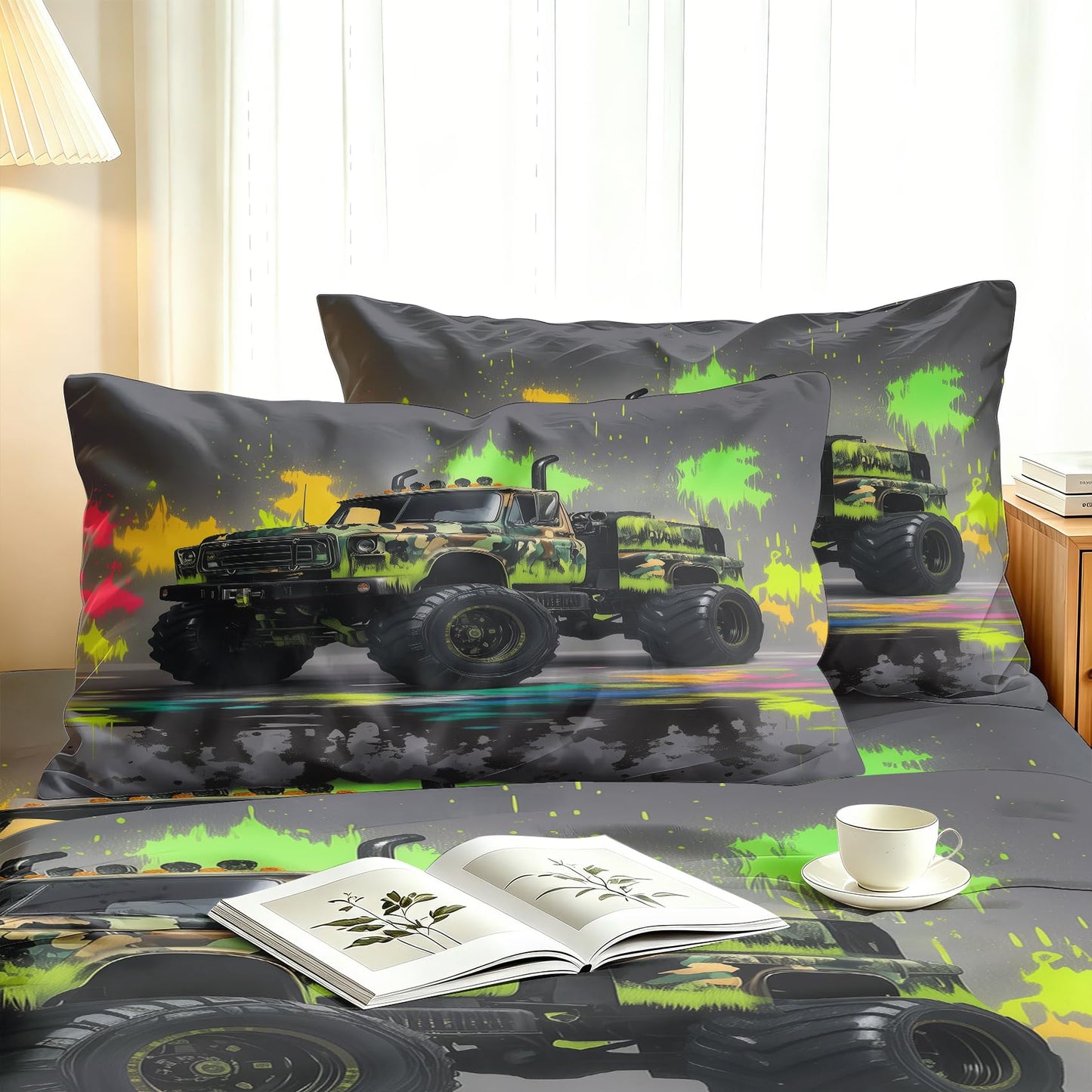 Monster Truck Queen Bedding Set Off Road Sheet Sets, Green