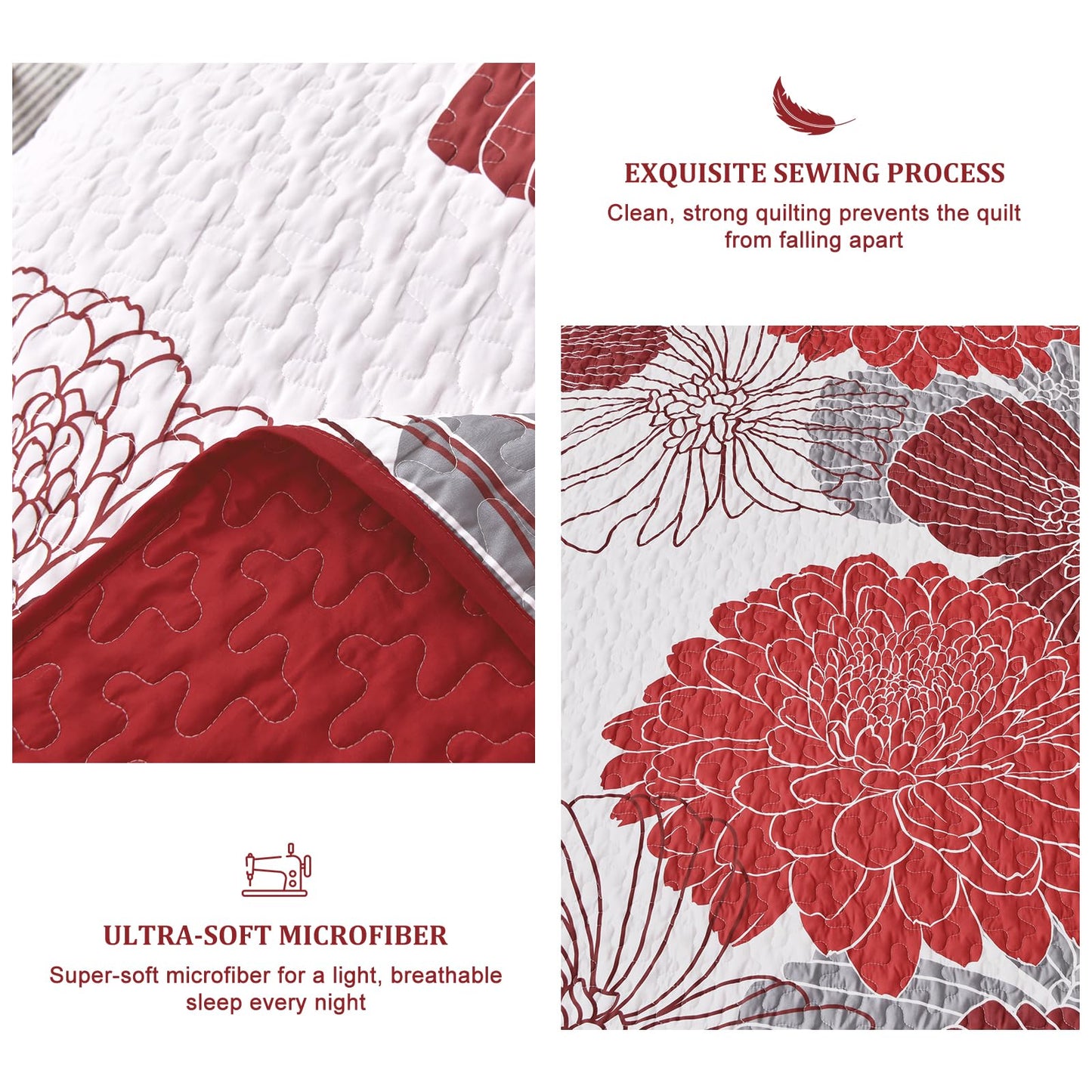 Queen Quilt Sets Red Floral Pattern Quilt Bedding Set, 3 Pieces Botanical Quilt Soft Microfiber Bedspread Coverlet Set, Boho Bed Cover Bedding Set for All Season(96" x 90)