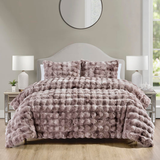 Humesill Luxury Faux Rabbit Fur Comforter Set, 3 Pieces Comforter King Size with 2 Pillow Shams, Tie-dye Fur with Bubble Design for Front and Microfiber Back, Will Light Fill(Dusty Mauve, 104x90 Inch)