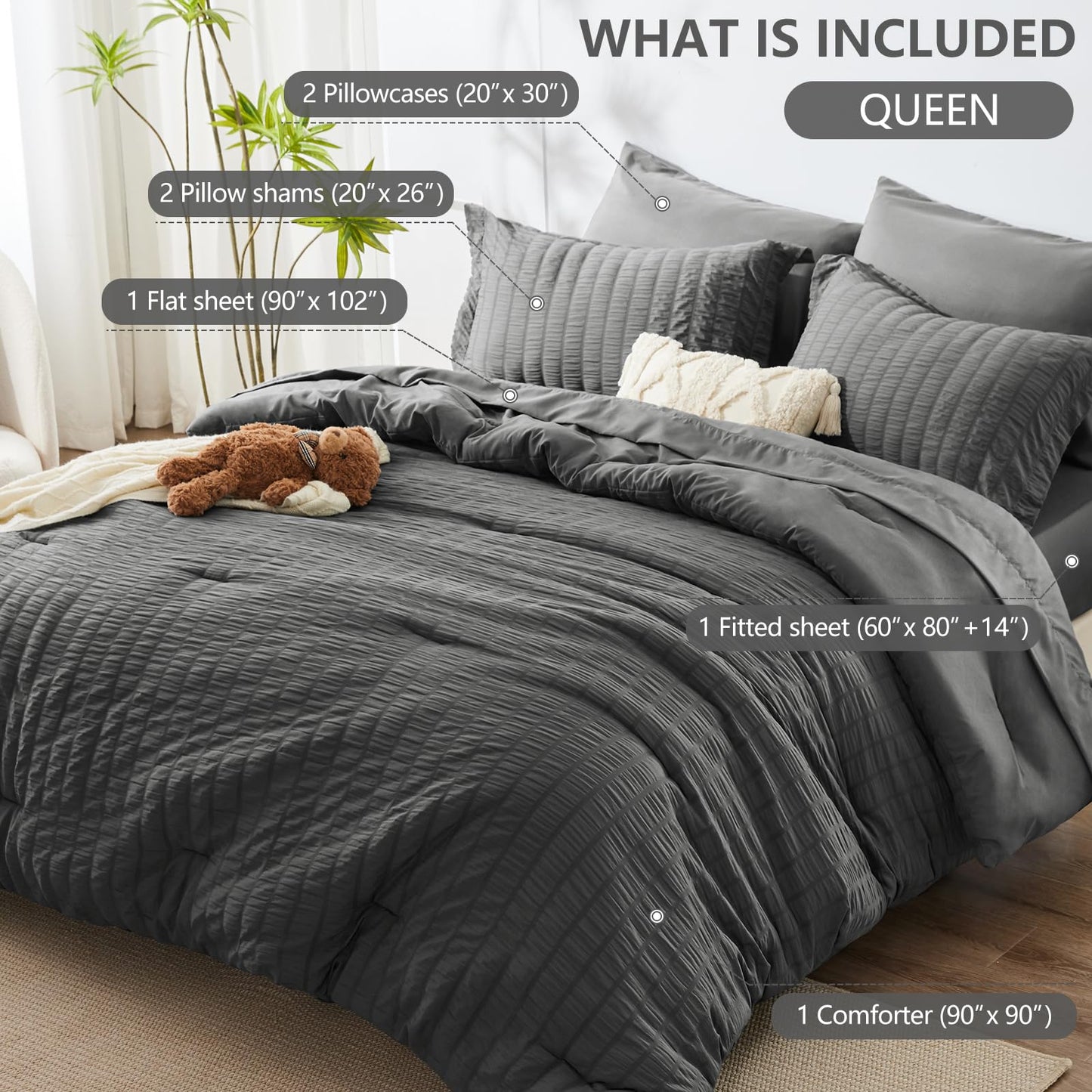 HIMEET Queen Comforter Set - 7 Pieces Seersucker Bed in a Bag, Boho Bedding Sets for Bedroom Decor, All Season Home Essential Bed Set with Comforter, Sheets, Pillowcases & Shams, Dark Grey