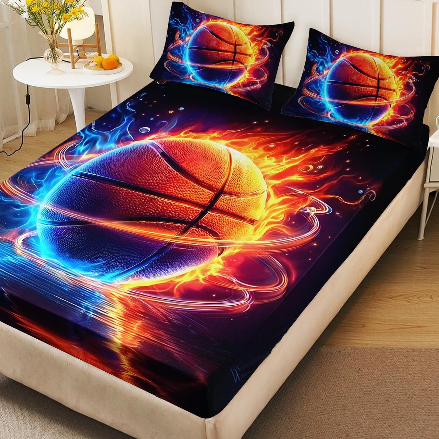 HOSIMA Full Fitted Sheet for Kids,Basketball Wrapped in Red Blue Flames,Cool Extreme Sports Bedding for Teens Boys Room Decor,Lightweight Basketball Bedding,1 Fitted Sheet+2 Pillowcases.