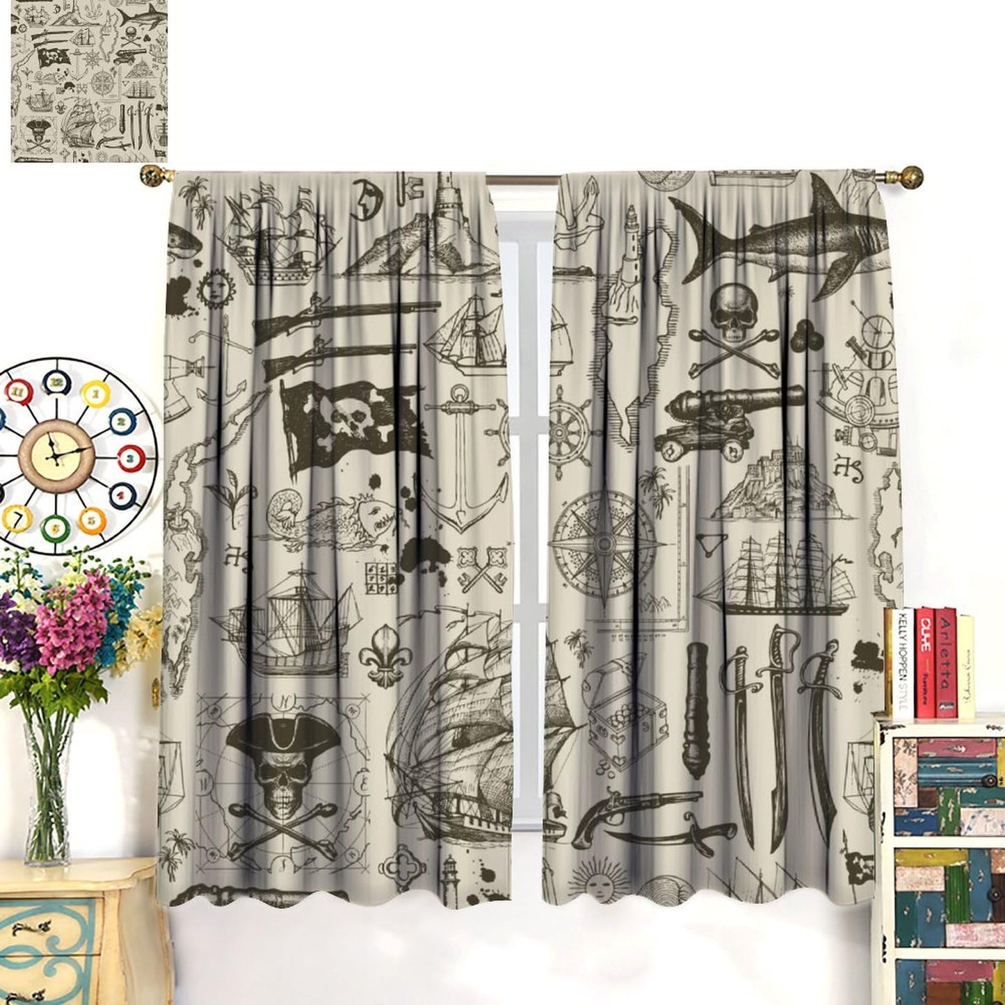 XBDDZSW Nautical Sailboat Map Curtains Sketch Pirate Ship Wheel Compass Starfish Coral Reef Nautical Map Pattern Print Window Drapes for Bedroom Living Room Kitchen Decor,2 Panel Set,42x45 Inch Decor