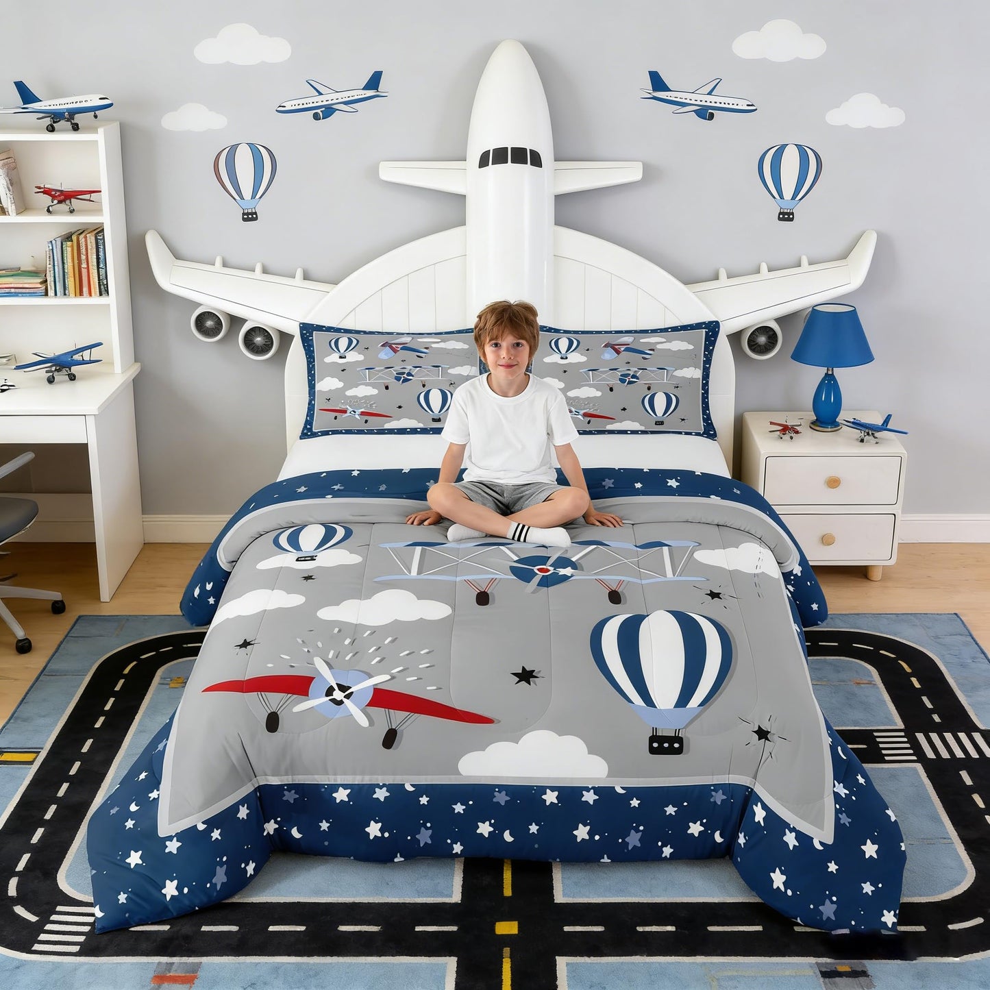Airplane Bedding Set Twin Size for Kids Boys Bedroom Decor,Cartoon Aircraft Comforter Sets Teens Quilts Hot Air Balloon Cloud Starry Moon Bedding Chic Grey Navy Blue Duvet Insert,1 Pillowcase