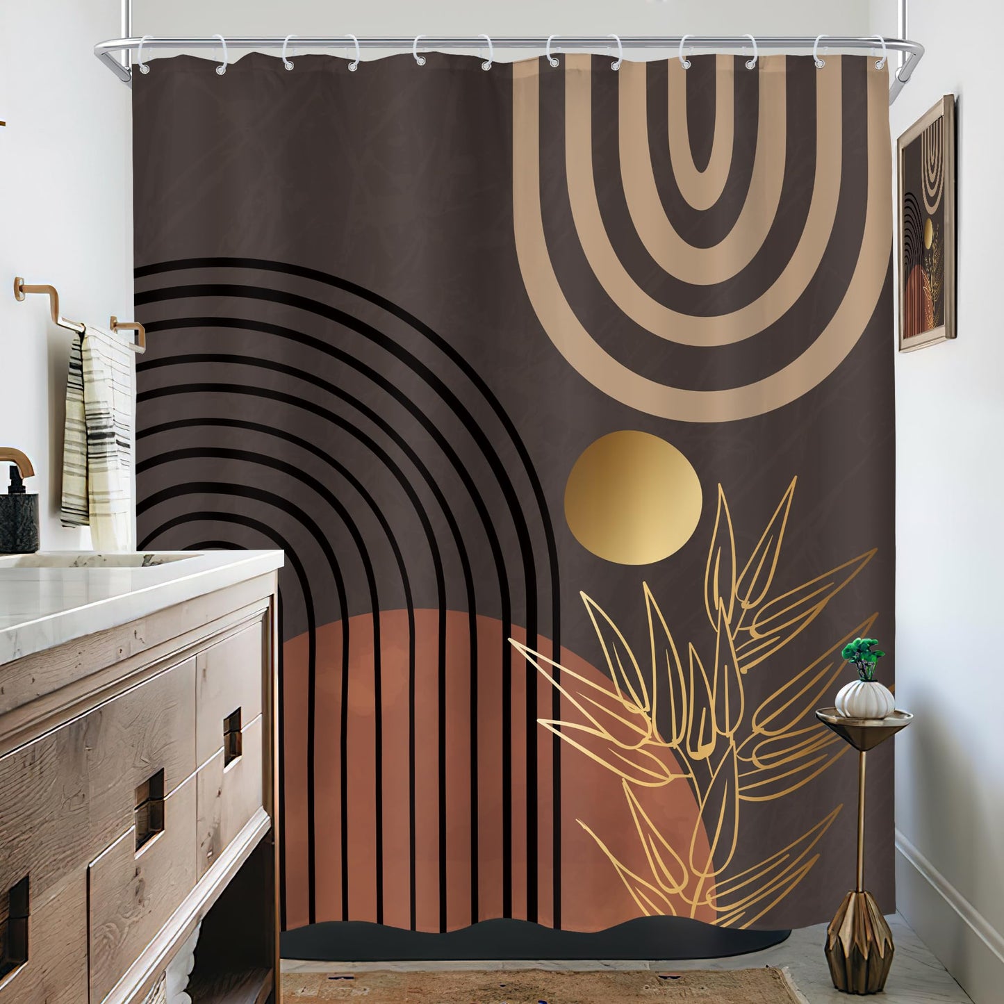 KOMLLEX Dark Brown Abstract Boho Shower Curtain for Bathroom Decor 60Wx72H Minimalist Aesthetic Mid Century Modern Shower Curtain Tan Palm Leaves Simple Fabric Waterproof Polyester 12 Pack Hooks