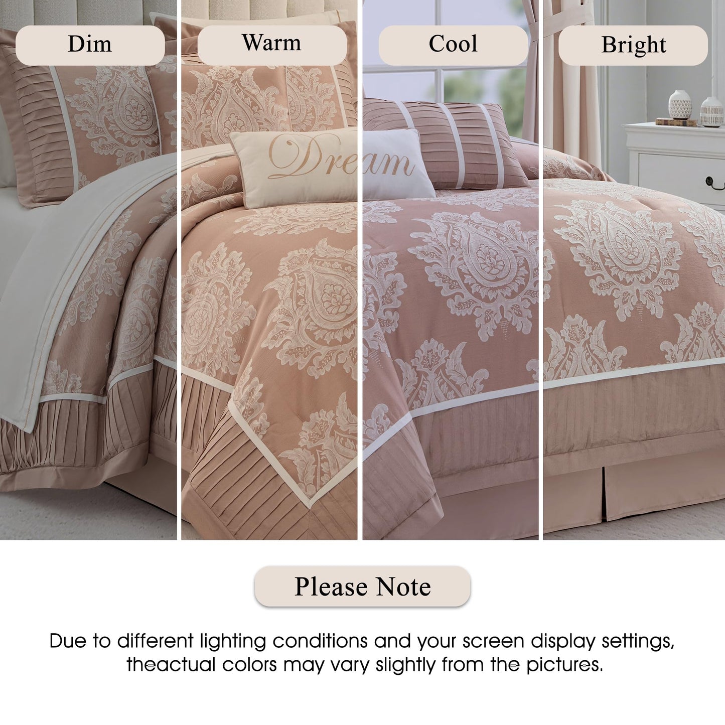 Stratford Park Blush Comforter Set King, 15 Pieces Room in a Bag, Elegant Patchwork Damask Jacquard Bedding Set, Matching Bedskirt, Flat Sheet, Fitted Sheet, Pillow Shams, Curtains