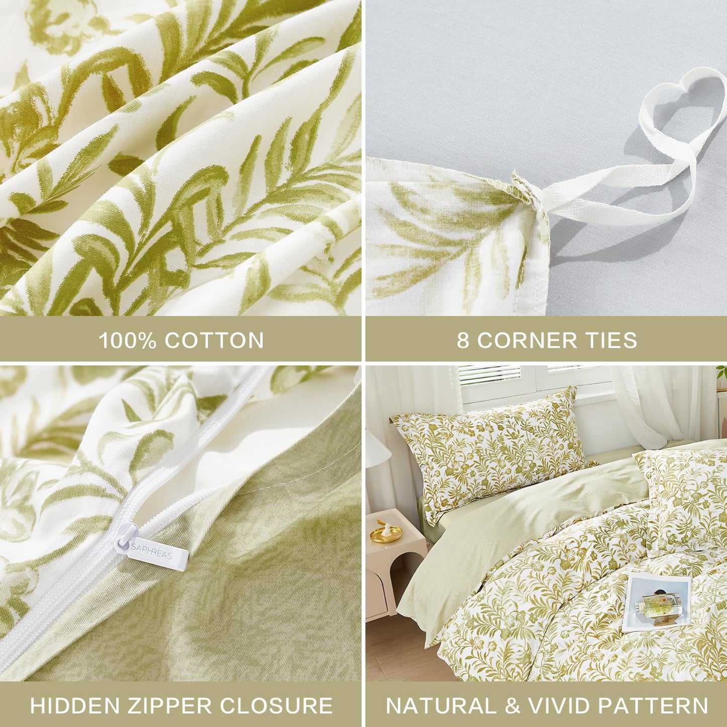 SAPHREAS Full Size Yellow Leaves Pattern Duvet Cover Set 3pcs 100% Cotton Soft Leaf Bedding Comforter Cover Set 1 Duvet Cover 2 Pillow Shams, Comforter Not Included