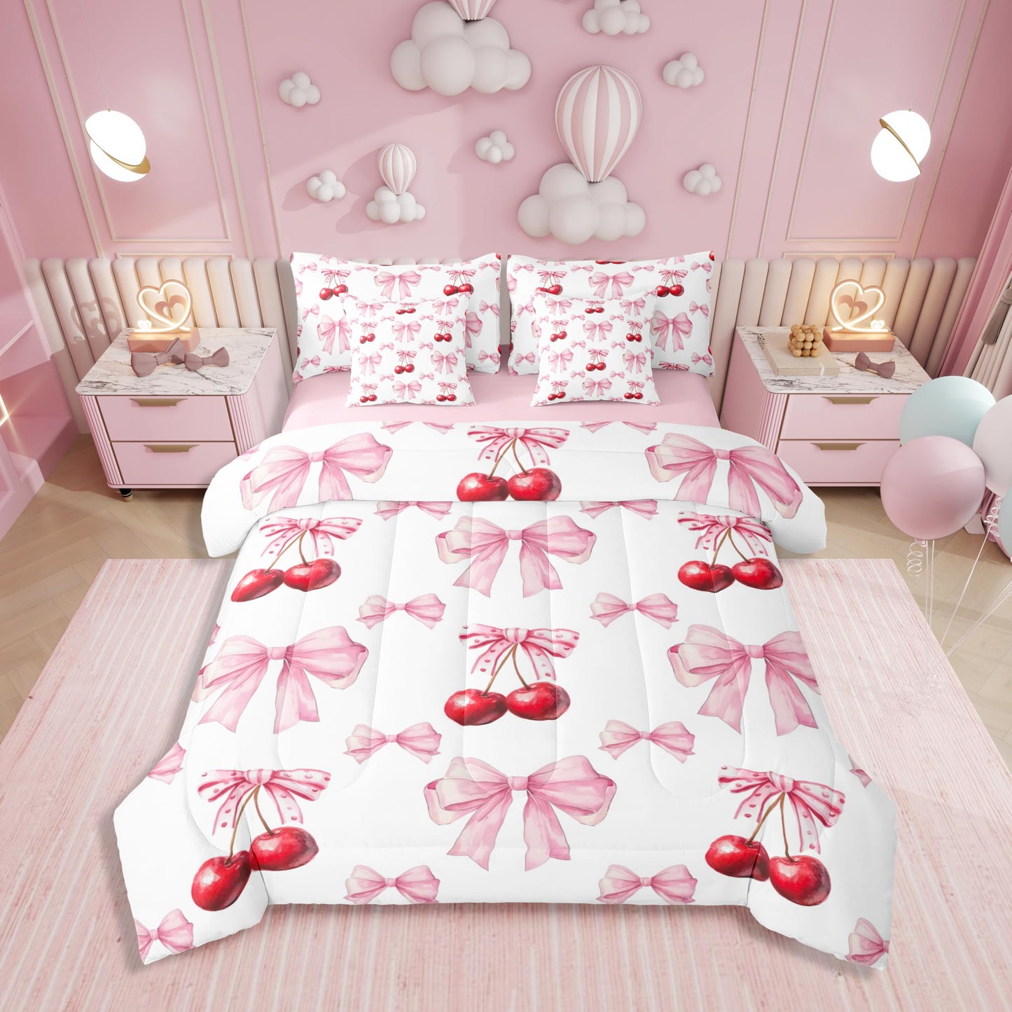 Erosebridal 7 Pcs Cherry Bowknot Kids Comforter Set King Bed in a Bag,Princess Bow Bedding Set for Girls Girlfriend,Girly Red Cherries Duvet Set,Romantic Valentine Bow Tie Geometric Sheet Set