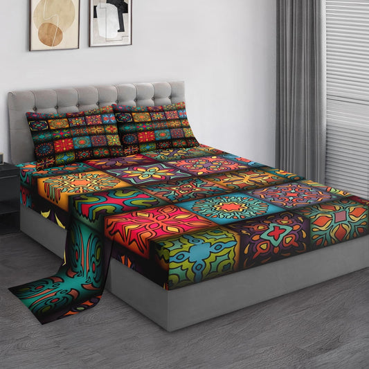 Pamnest Full Size Bed Sheet Sets, Colorful Vintage Floral Soft Microfiber 4 Pcs Bedding Sets for Kids and Adults Bedroom Bed Decor, Mandala Bohemian Flower Flat, Fitted Sheet and 2 Pillowcases