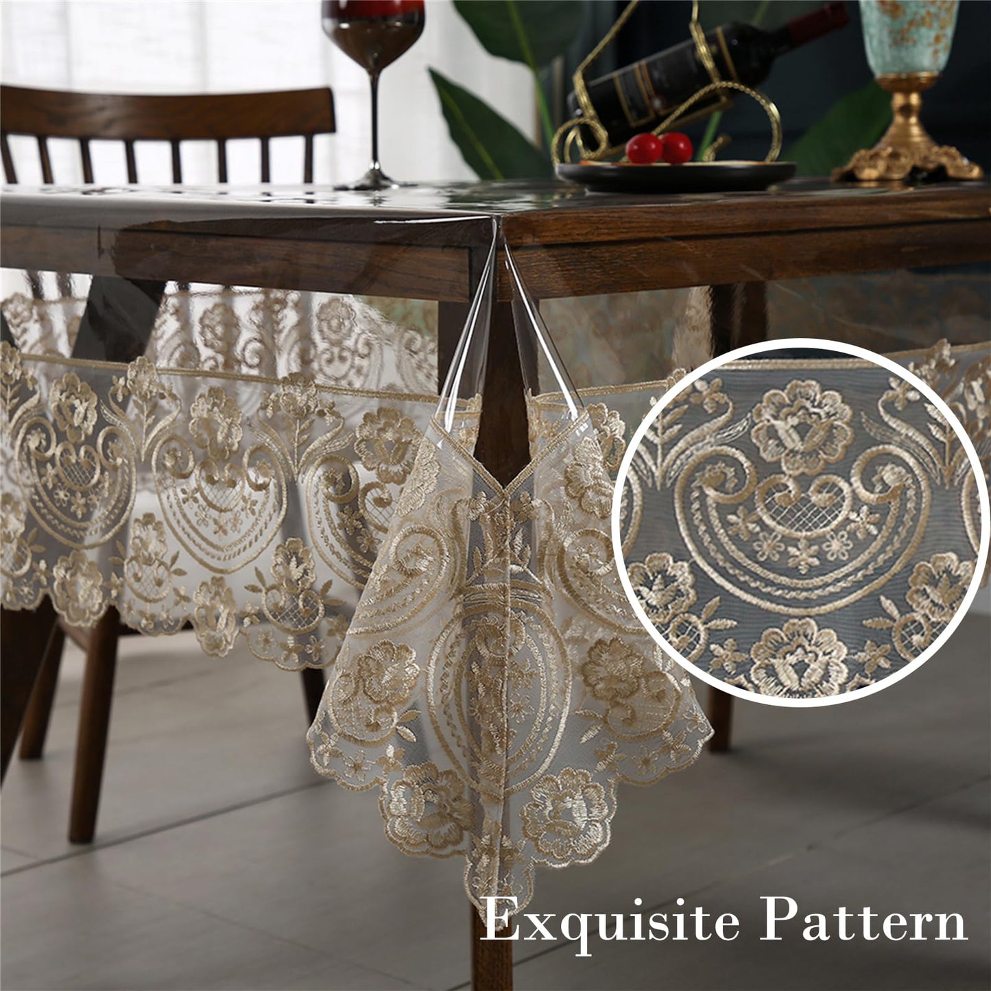 Clear Plastic Rectangle Tablecloth Vinyl Waterproof Table Cloth Embroidered Lace Edge Transparent Table Cover for Dining Kitchen Outdoor(52 x 70 inch, Coffee Style 1)