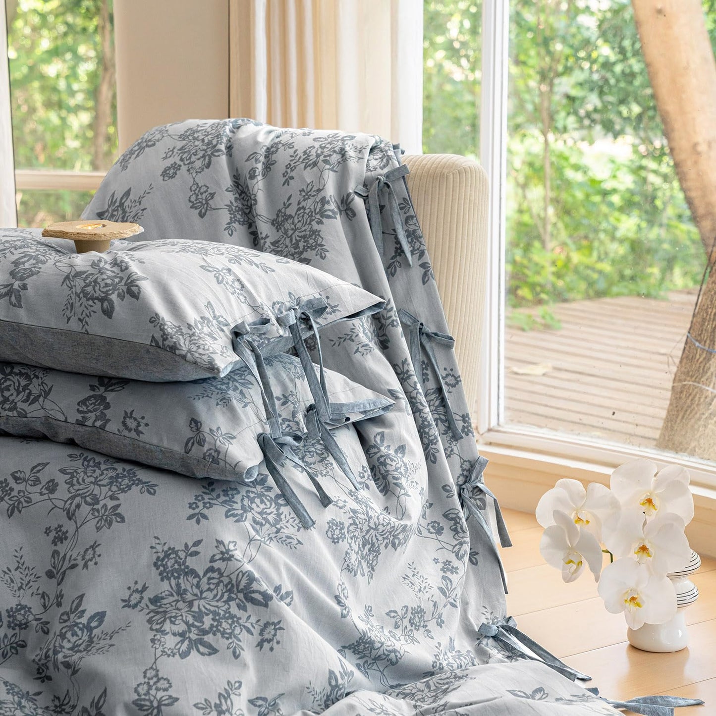 VM VOUGEMARKET Linen Duvet Cover Queen Monet Style Floral Duvet Cover Set,Jacquard Textured Comforter Cover 90"x90" with 2 Pillowcases,Navy Blue