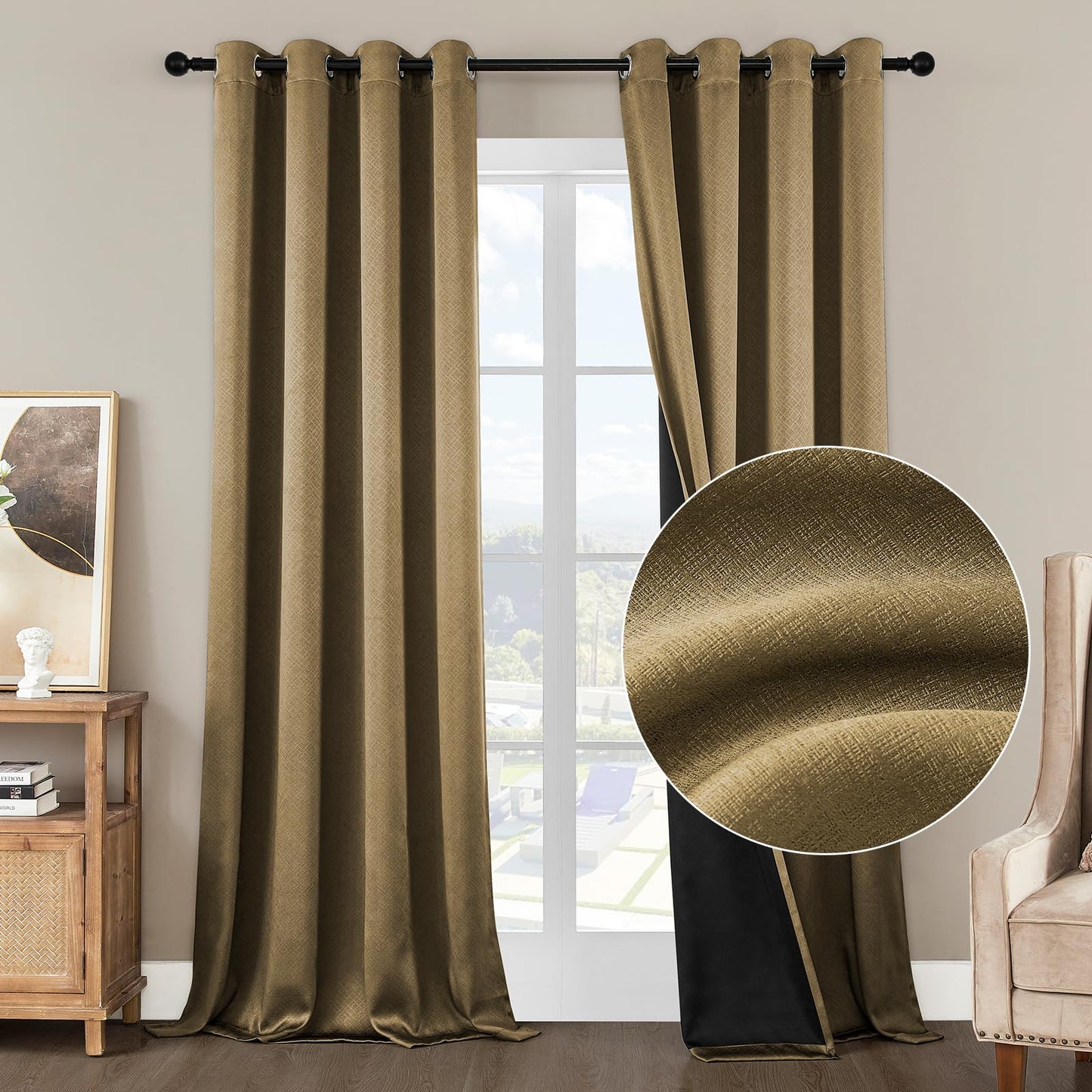 MISSTIAM Gold Blackout Curtains for Bedroom and Living Room 2 Panels Set 84 inches Length Thermal Insulate Curtains, Cold or Heat and Full Light Blocking Curtains