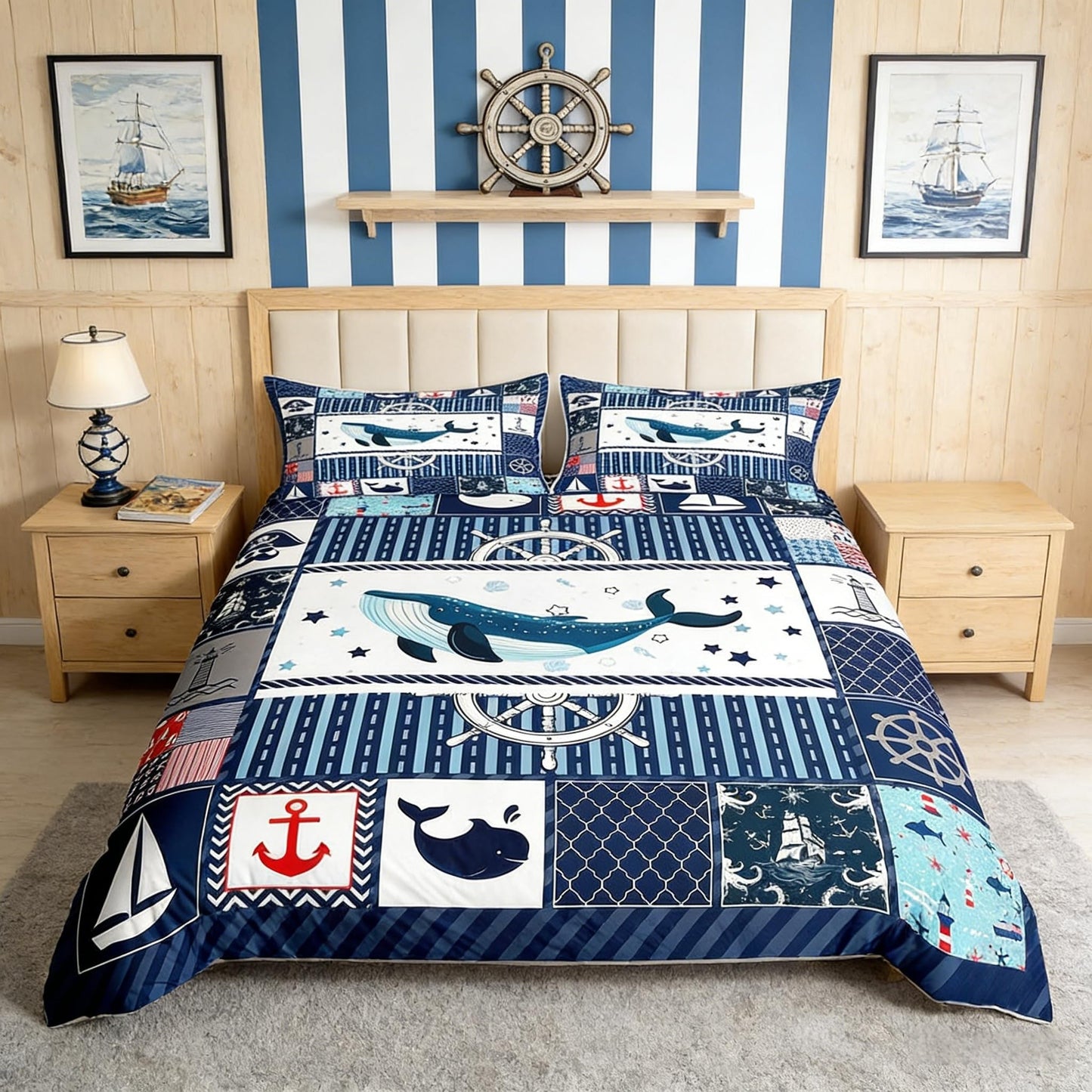Homewish Sea Whale Duvet Cover Set Full Size,Nautical Anchor Ship Rudder Plaid Comforter Cover with 2 Pillowcases,Navy Blue Ocean Geometric Breathable Bedspread for Boys Teens,Pillow Sham