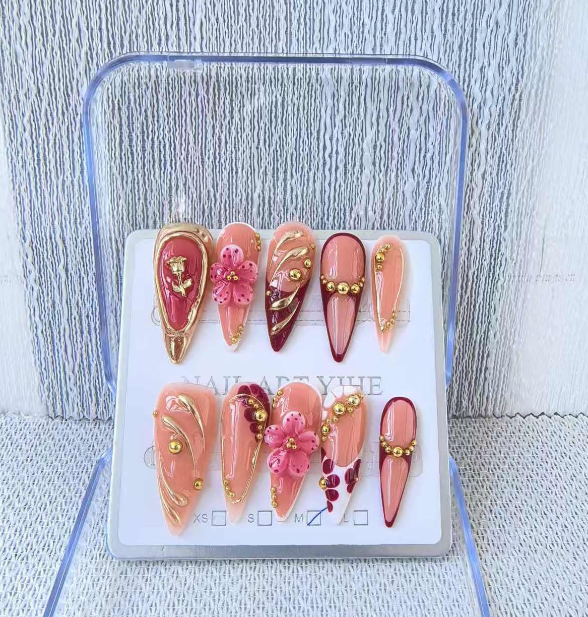 Long Stiletto Press on Nails Handmade False Nails Red French Tip Fake Nails with 3D Flower Gold Line Designs Sparkly luxury Artificial Nails for Women 10pcs (Size M）