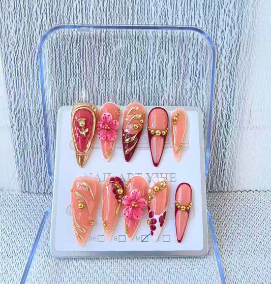 Long Stiletto Press on Nails Handmade False Nails Red French Tip Fake Nails with 3D Flower Gold Line Designs Sparkly luxury Artificial Nails for Women 10pcs (Size M）
