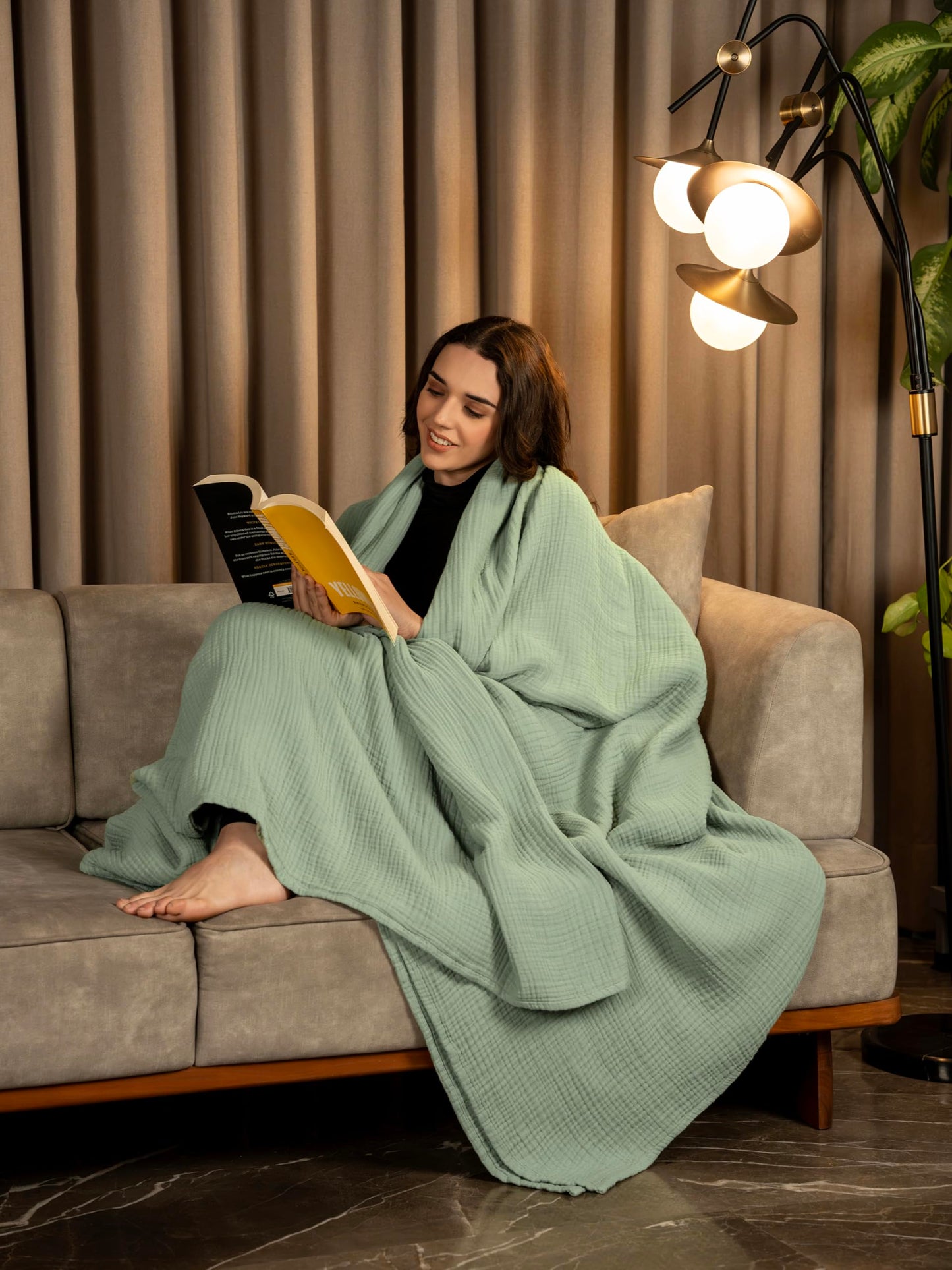 Mellow Buff 4-Layer Muslin Cotton Throw Blanket (50 x 60 inches) – Ultra Soft Breathable Gauze Throw, Lightweight All-Season Couch & Sofa Blanket, Cozy Neutral Home Decor, Machine Washable – Green