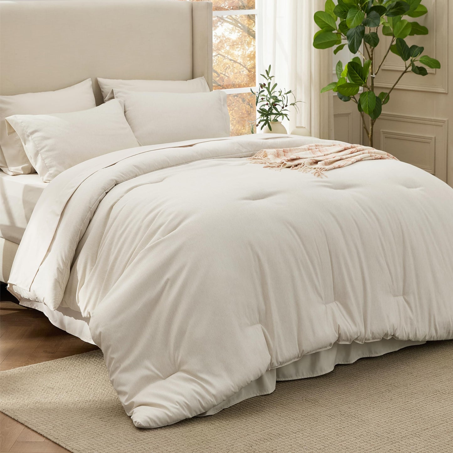 Bedsure California King Comforter Set Beige - Bed in a Bag Cal King Bedding 7 Pieces, Cationic Dyed Bed Set, Beige Soft Bedding for All Seasons Comforter with Sheets, Pillowcases & Shams