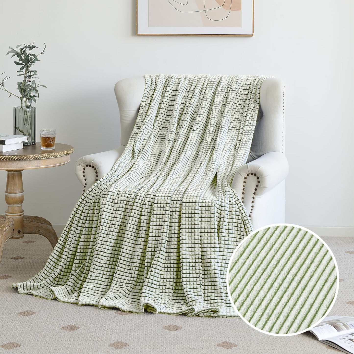 PLEASANT BOULEVARD | Fuzzy Throw Blanket Double-Sided Design Checkered Striped Waffe Lightweight Fleece Blankets for Bed and Couch Décor – Cozy, Soft, Cute for Women, Throw (50" x 60") Green