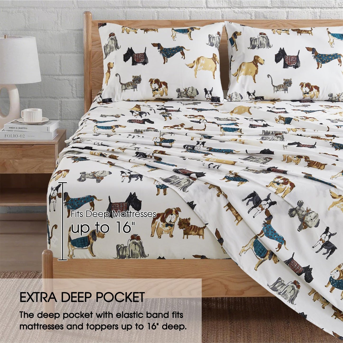 Ivellow Twin Sheets Set Kids 100% Natural Cotton Sheets Soft Breathable Lightweight Percale Bed Sheets 16" Deep Pocket Cartoon Dog Puppy Patterned Sheets Kids Twin Bedding Toddler Teen Dorm Essentials