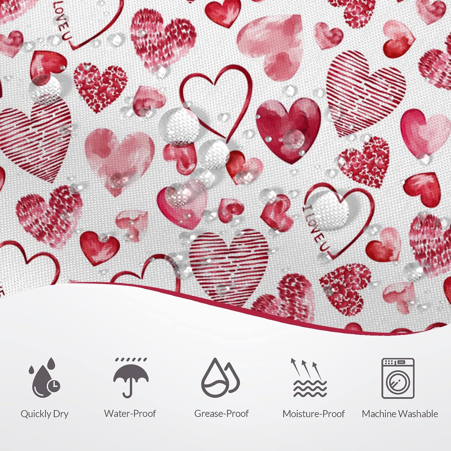 GKLEASG Valentine's Day Shower Curtain Red Pink Loving Hearts Romantic Theme Bathroom Curtains Waterproof Fabric Bathtub Curtains Set with Hooks 72"x72"