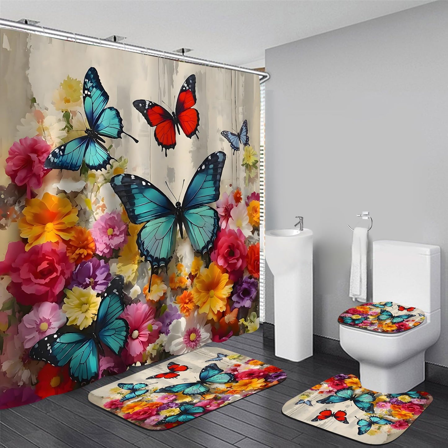 Chrainy 4pcs Shower Curtain Set for Bathroom and Toilet Butterfly Floral Bathroom Decor Sets with Flower Shower Curtain and Accessories Bath Mat,U Shape and Toilet Lid Cover Bathroom Set